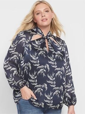 Lane Bryant Navy Blue and White Leaf Print Tie-Neck Blouse (20)